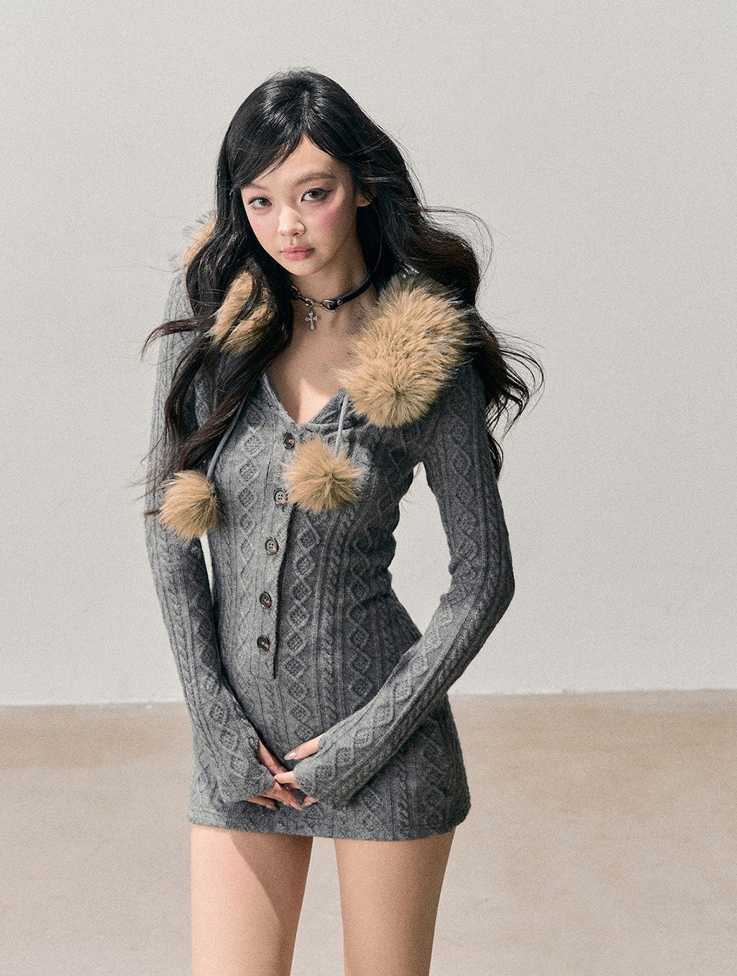 Detachable Fur Collar Sweater Dress DIA0707