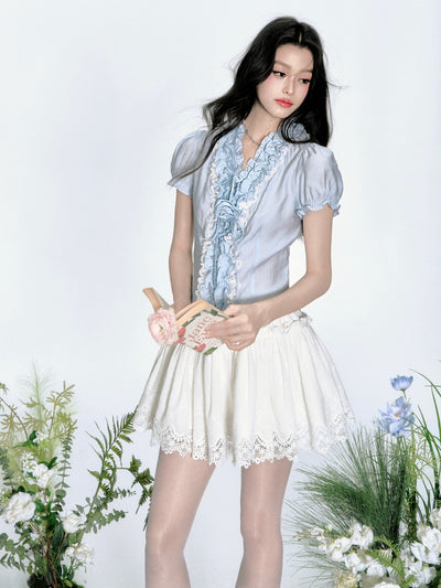 Gray Blue Flower Puff Sleeves Shirt FRA0347