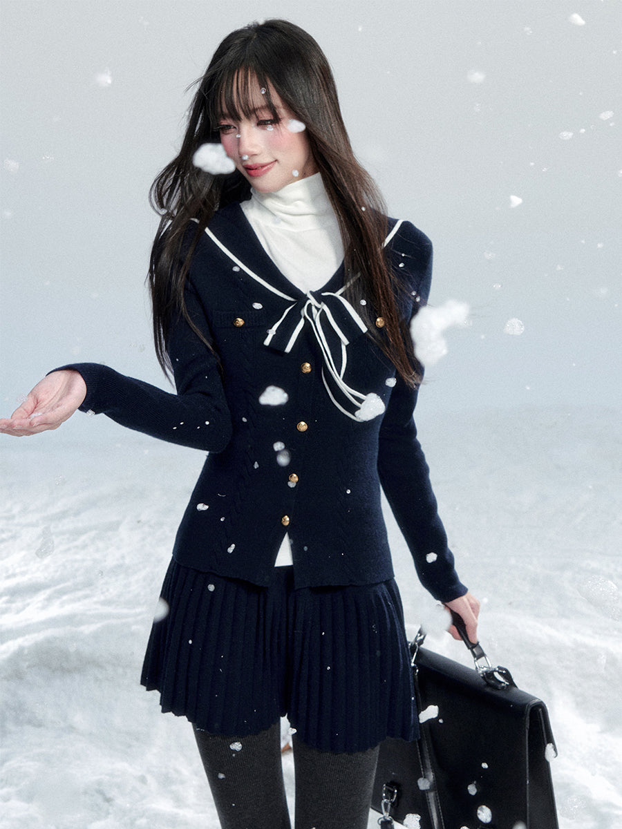 Navy Collar Bow Tie Cardigan/Pleated Skirt FRA0483