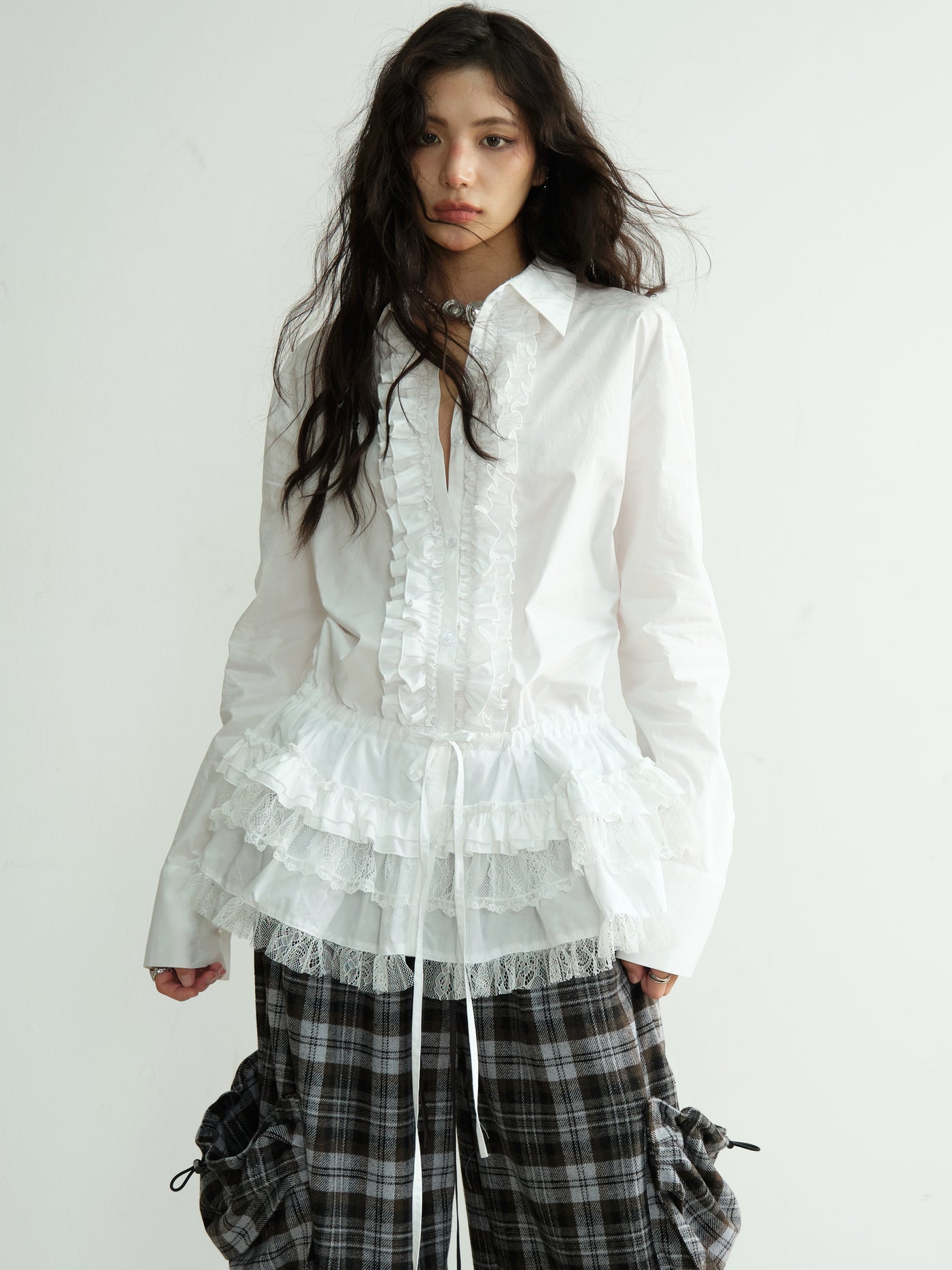 High-Intelligence Pure White Lace Long Shirt JNY0198