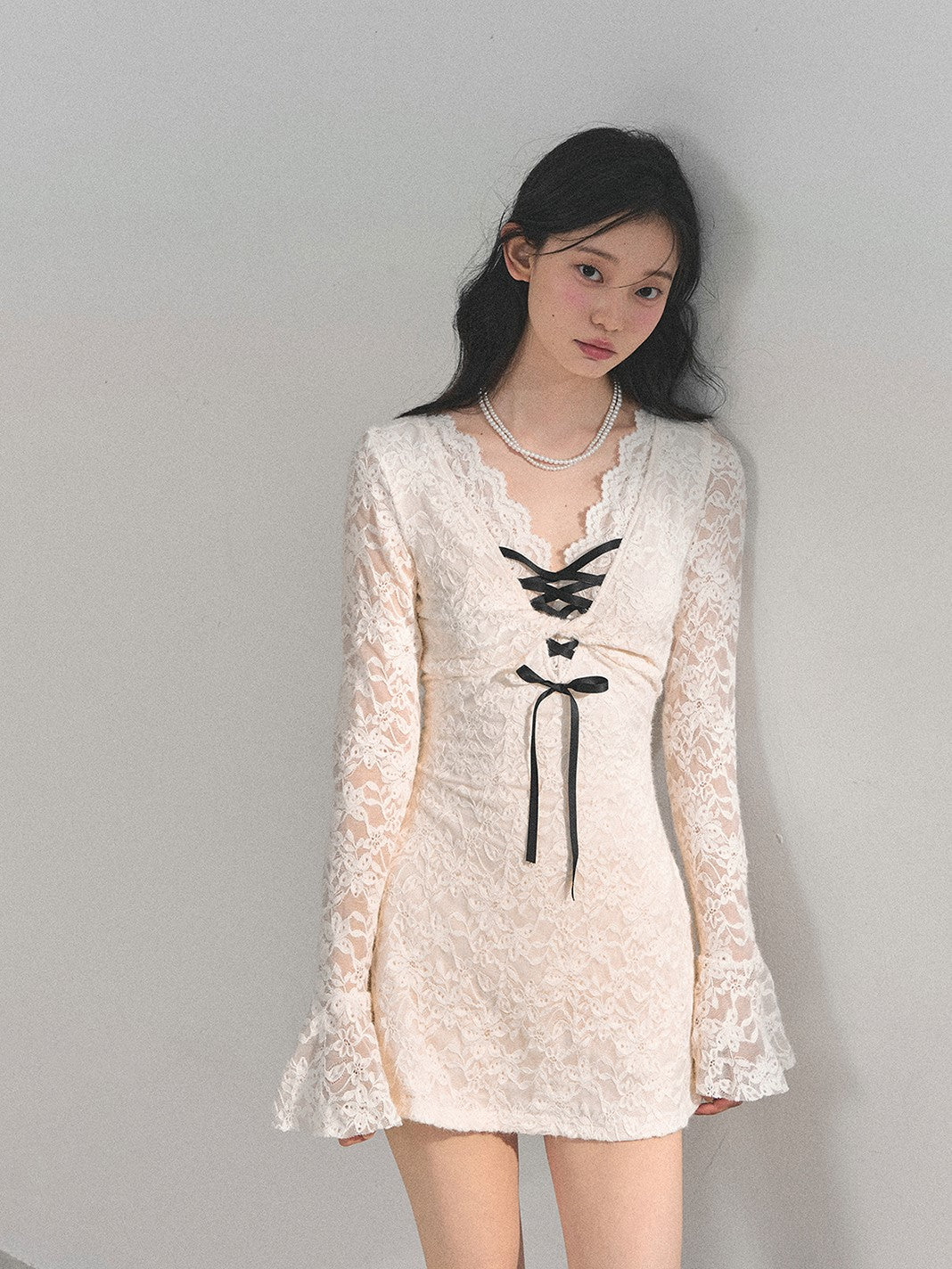 V-neck Long-Sleeved Lace Dress DIA0727