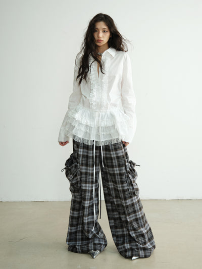 Lazy Relaxed Three-dimensional Large Pocket Plaid Wide-leg Pants JNY0188