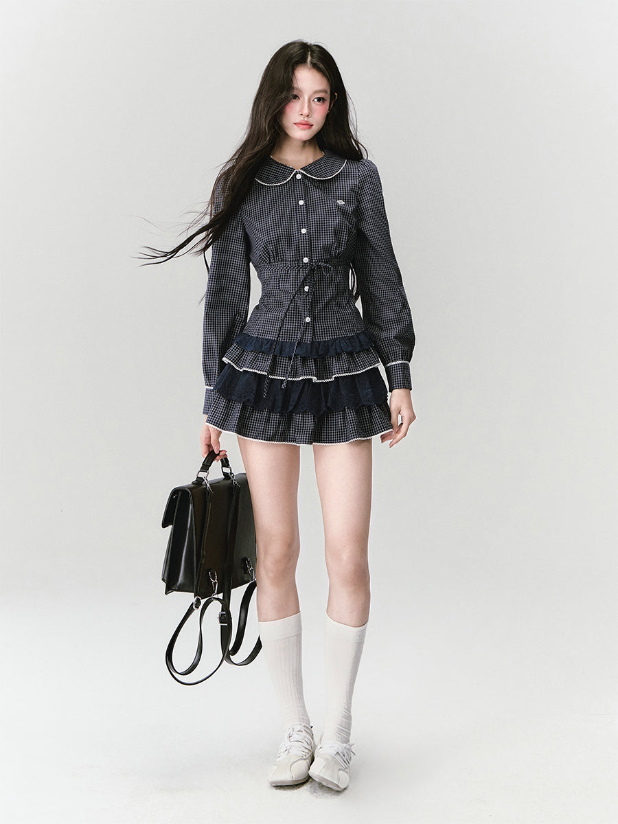 Plaid  Long Sleeve Shirt/Lace Skirt FRA0416