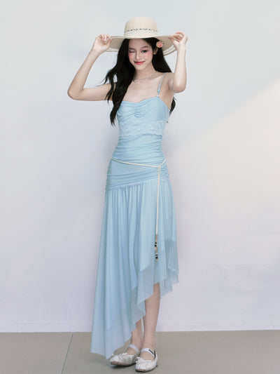 Beaded Mesh Irregular Suspender Dress FRA0404
