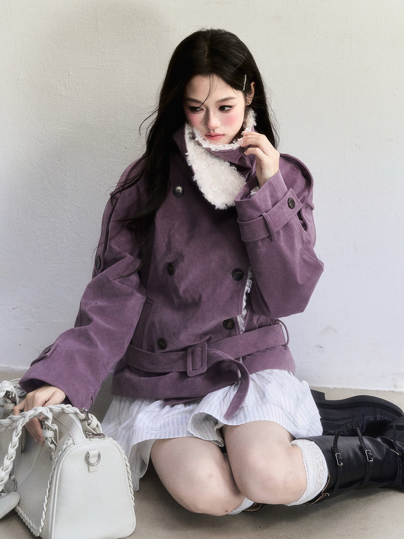 Purple Retro Suede Large Lapel Coat FRA0508