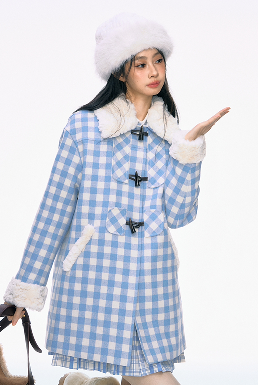 Fur Collar Horn Button Blue Plaid Cotton Coat PUN0031