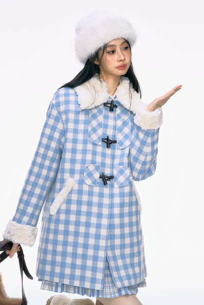 Fur Collar Horn Button Blue Plaid Cotton Coat PUN0031