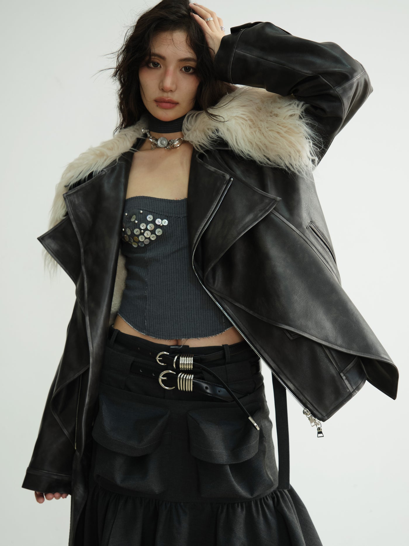 Dark Retro Rock Fur Collar Fake Two-piece Layered Rubbed Color Leather Jacket JNY0192