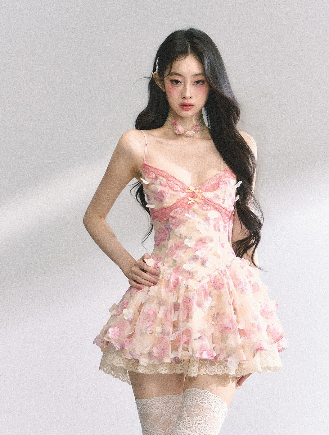 Lace Floral Suspender Puffy Dress DIA0445