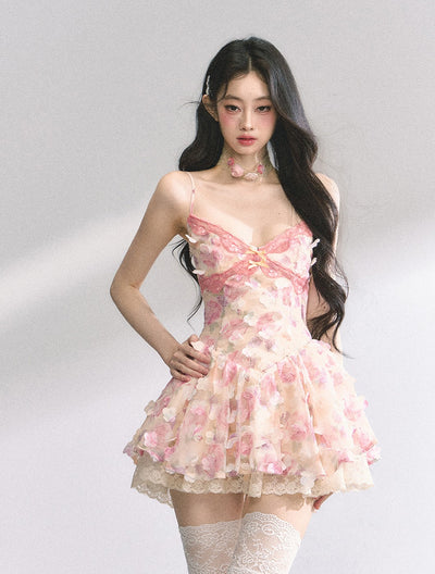 Lace Floral Suspender Puffy Dress DIA0445