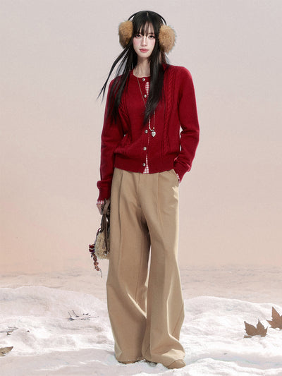 Red Faux Two-piece Plaid Knit Cardigan FRA0485