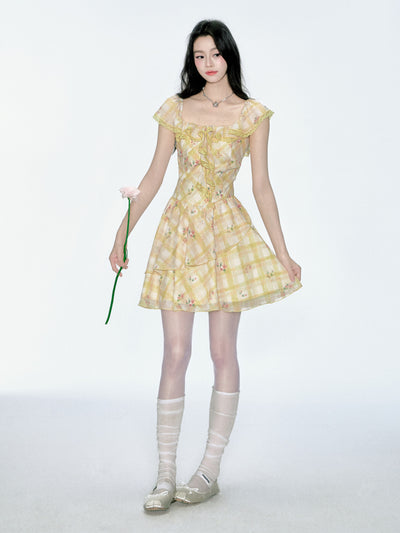 Ruffle Floral Plaid Dress FRA0364
