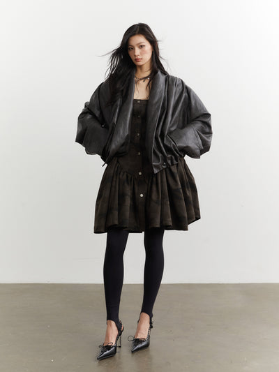 Retro Pleated Silhouette Leather Jacket JNY0255