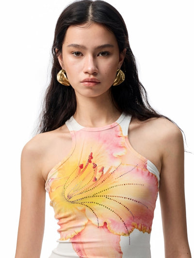 Floral Print Rhinestone Sleeveless Top JIN0001
