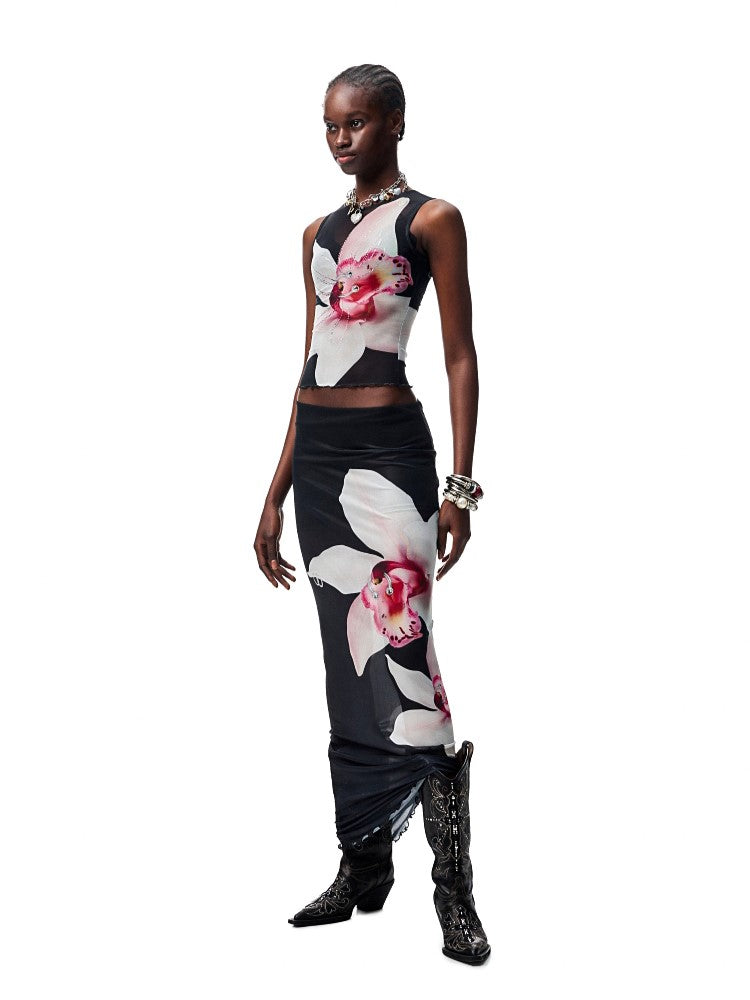 Floral Print Rhinestone Top/Long Skirt JIN0021