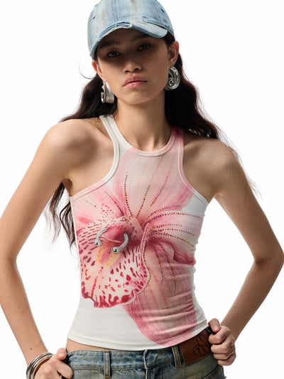 Floral Print Rhinestone Sleeveless Top JIN0001
