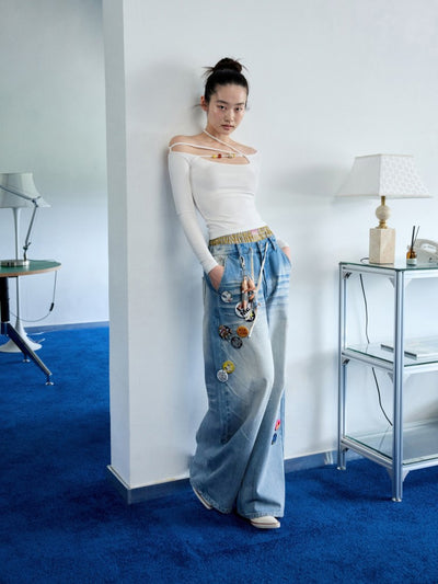 One-shoulder Beaded Strap T-shirt JIN0035