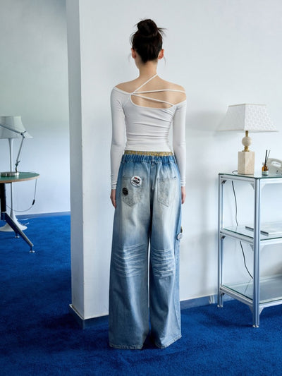 One-shoulder Beaded Strap T-shirt JIN0035