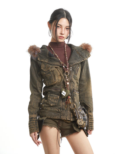 Retro Fur Collar Workwear Denim Jacket UNC0321