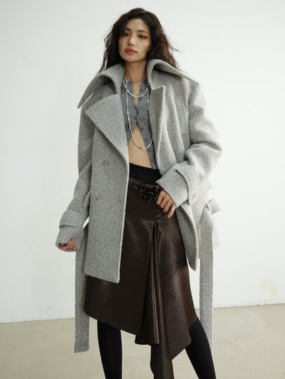 Large Stand-up Collar Gnderless Light Gray Woolen Coat JNY0185