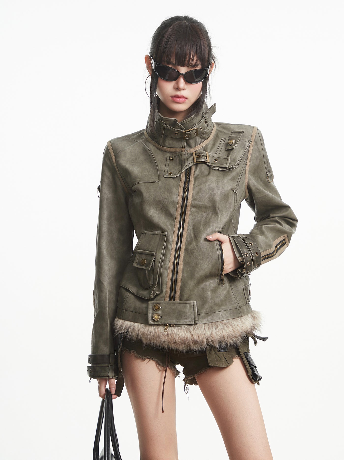 Punk Distressed Leather Workwear Jacket UNC0315