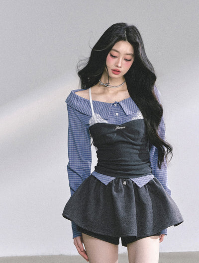 Fake Two-piece Plaid Lace Shirt DIA0573