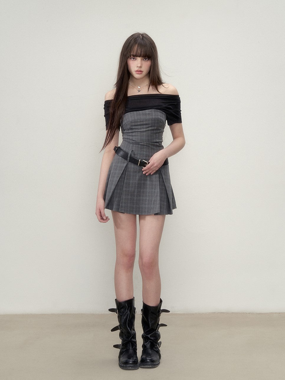 Fake Two-piece Plaid Pleated Dress VIA0260