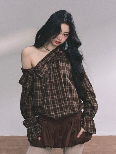 Oblique Shoulder Bow Plaid Shirt DIA0625