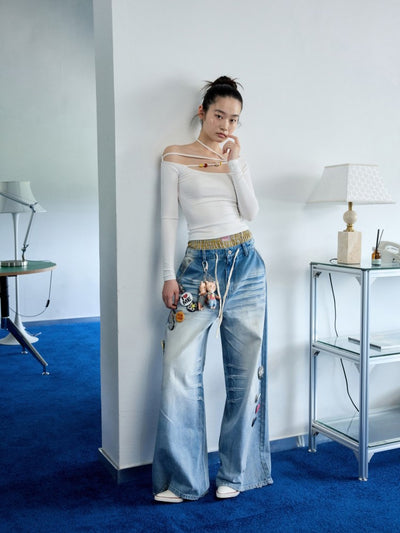One-shoulder Beaded Strap T-shirt JIN0035