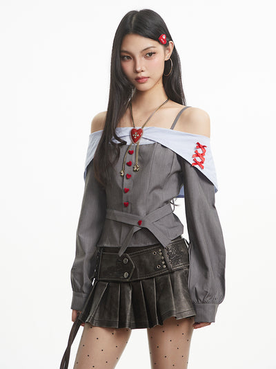 Off-Shoulder Heart Button Long-Sleeved Shirt UNC0318