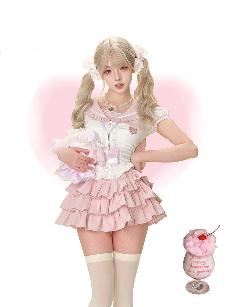 White Sailor Collar Shirt/Pink Cake Skirt SER0186