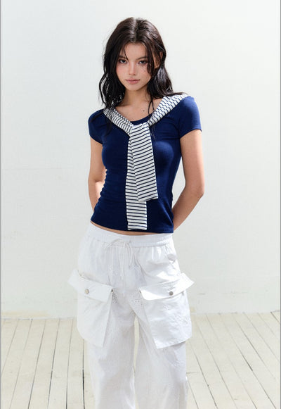 Fake Two-piece Shawl Slimming T-shirt AGM0167