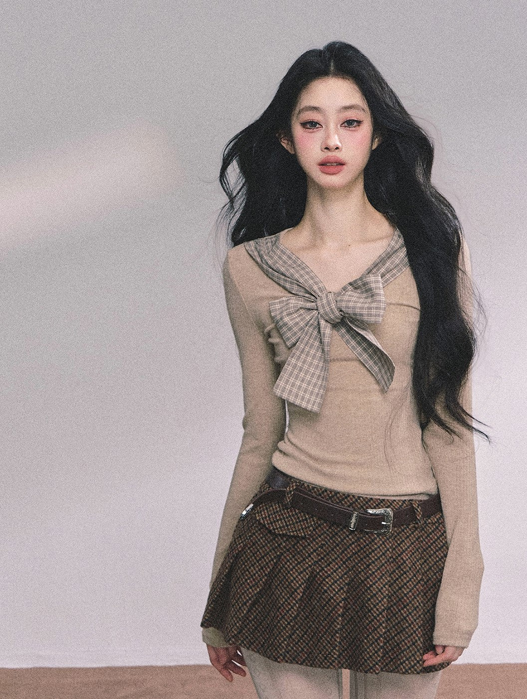 Fake Two-piece Bow Plaid Knit DIA0612