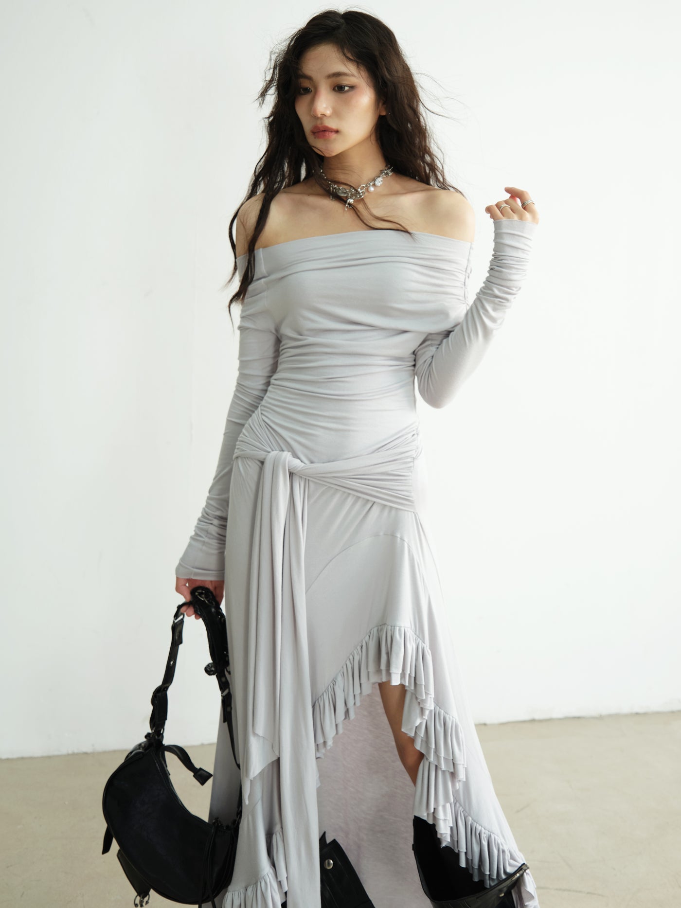 Royal Spicy Light Gray Off-shoulder Lace Irregular Large Hem Dress JNY0189