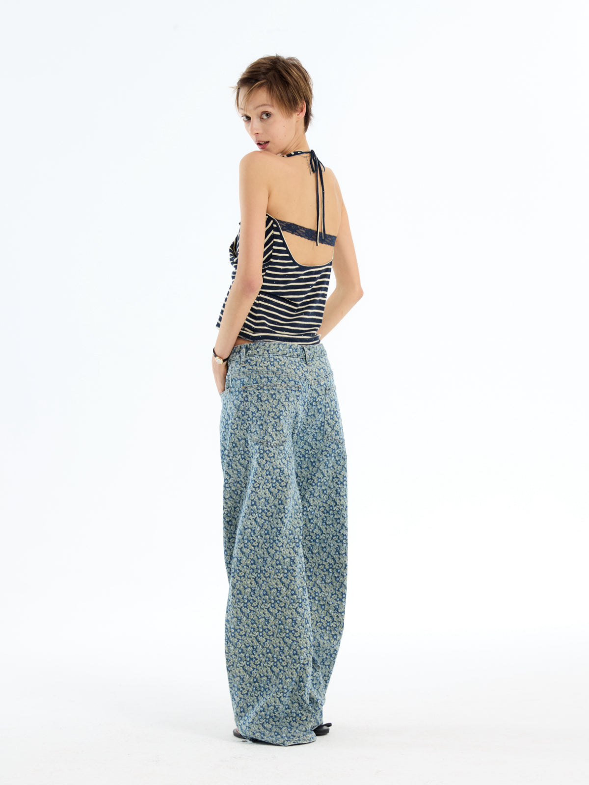 Floral Asymmetrical Layered Placket Jeans AOA0028