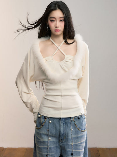Faux Two-piece Fur Collar T-shirt VIA0359