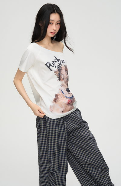 Puppy Print One Shoulder T-shirt PUN0069
