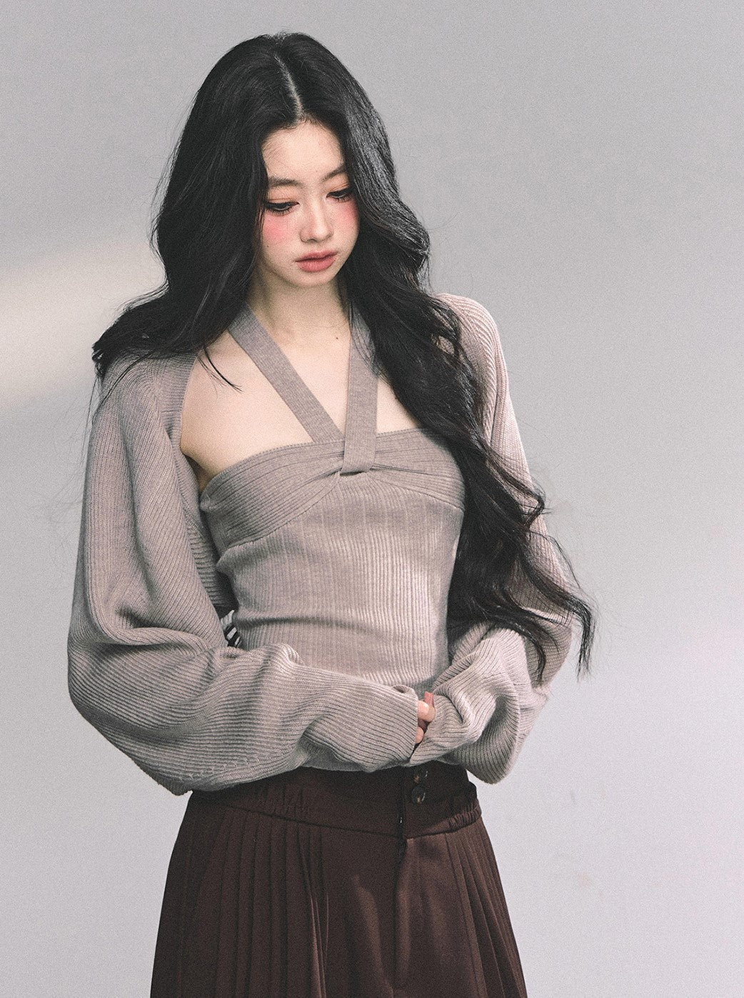 French Knitted Halter Neck Top+Shawl DIA0630