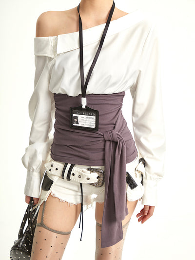 White Oblique Shoulder Stitching Shirt UNC0299