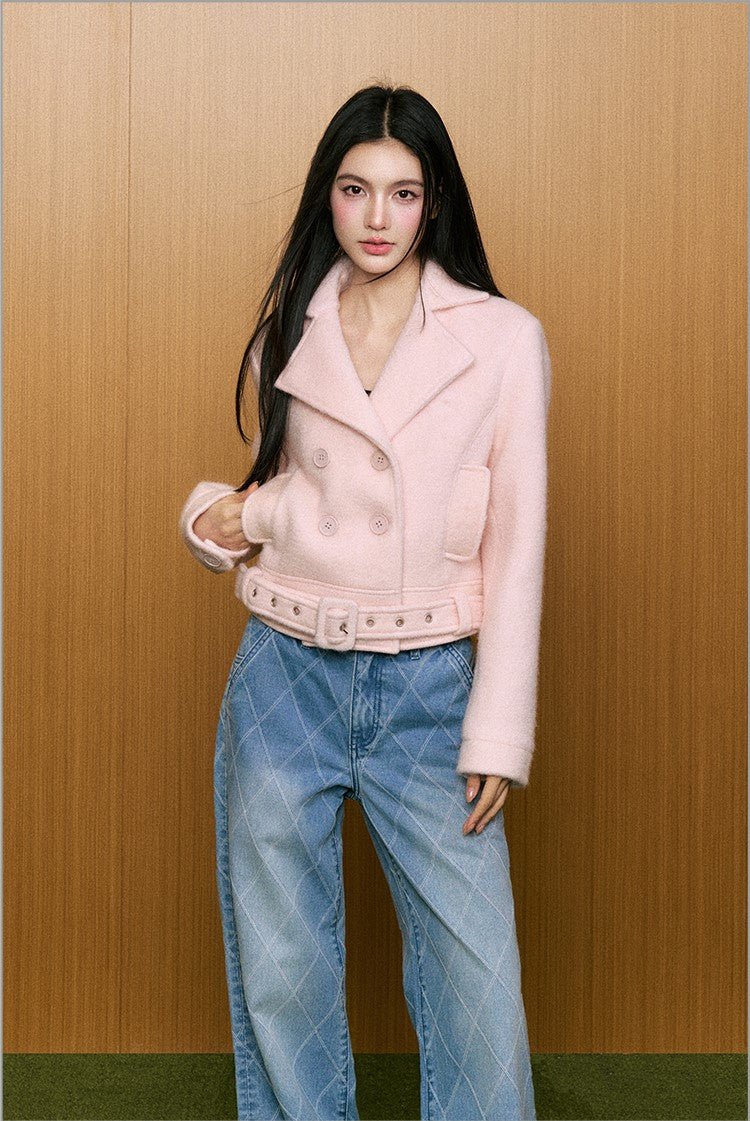 Fashionable High-end Pink Woolen Short Jacket AGM0086