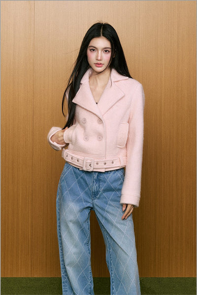 Fashionable High-end Pink Woolen Short Jacket AGM0086