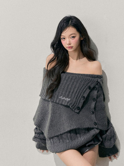 Gray Off-Shoulder Loose Sweater DIA0723