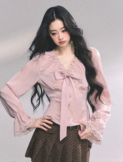 High-end French Lace Striped Shirt DIA0629