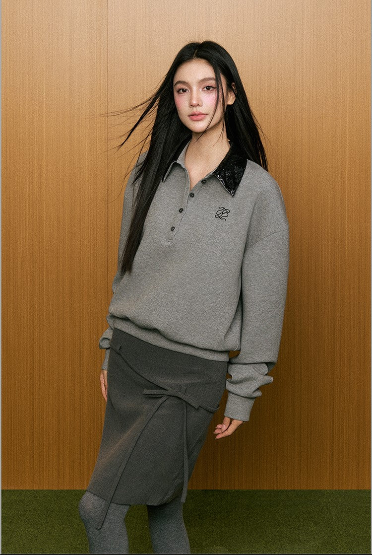 Sequined Lapel Simple Long-sleeved Silhouette Polo Collar Gray Sweatshirt AGM0085