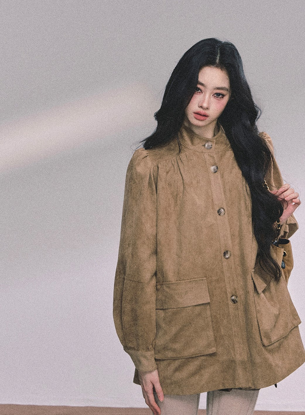 Coffee Brown Suede Stand Collar Jacket DIA0609