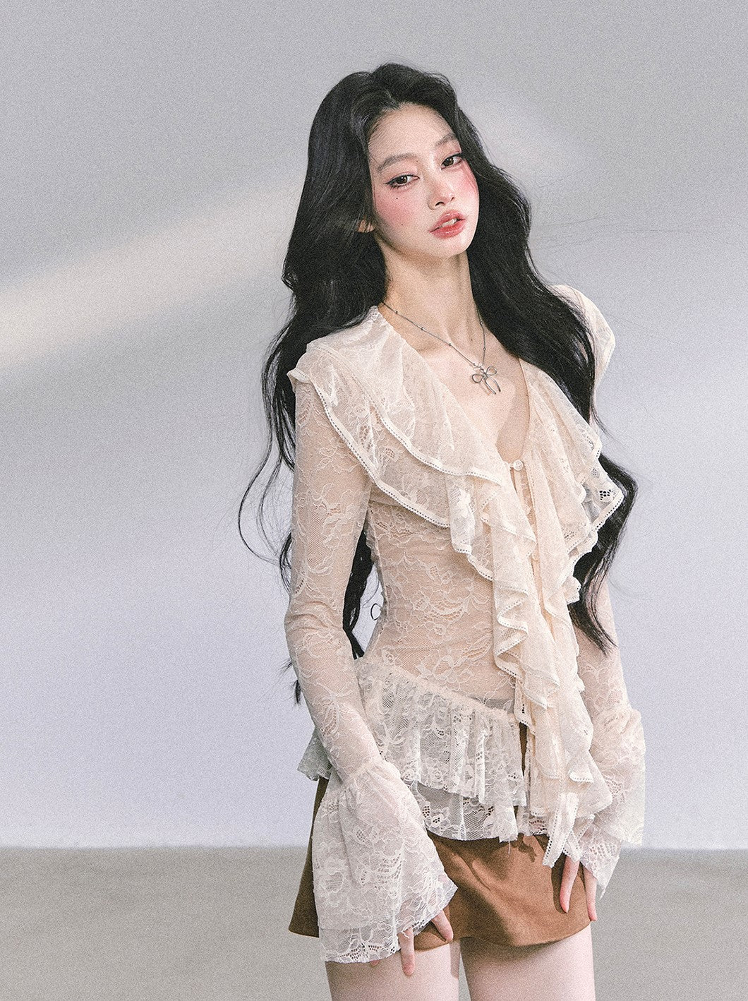 Lace Hollow Ruffled Long Sleeve Shirt DIA0588