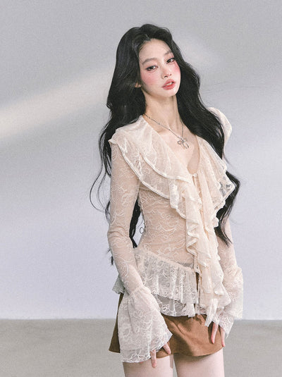 Lace Hollow Ruffled Long Sleeve Shirt DIA0588