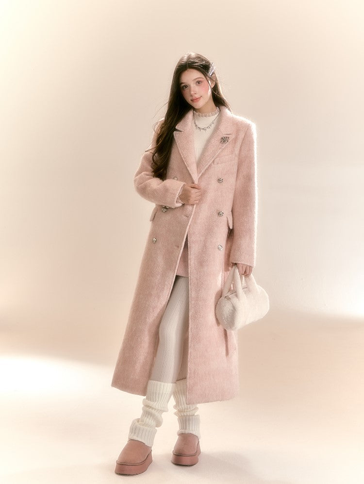 High-grade Mid-length Mist Powder Pink Woolen Long Coat QDQ0091