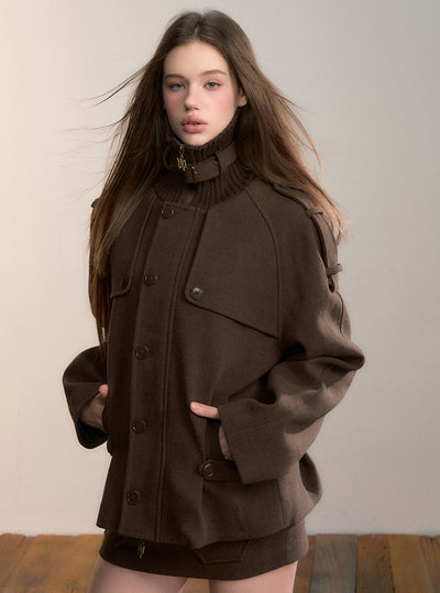 Brown High-neck Patchwork Wool Coat VIA0346