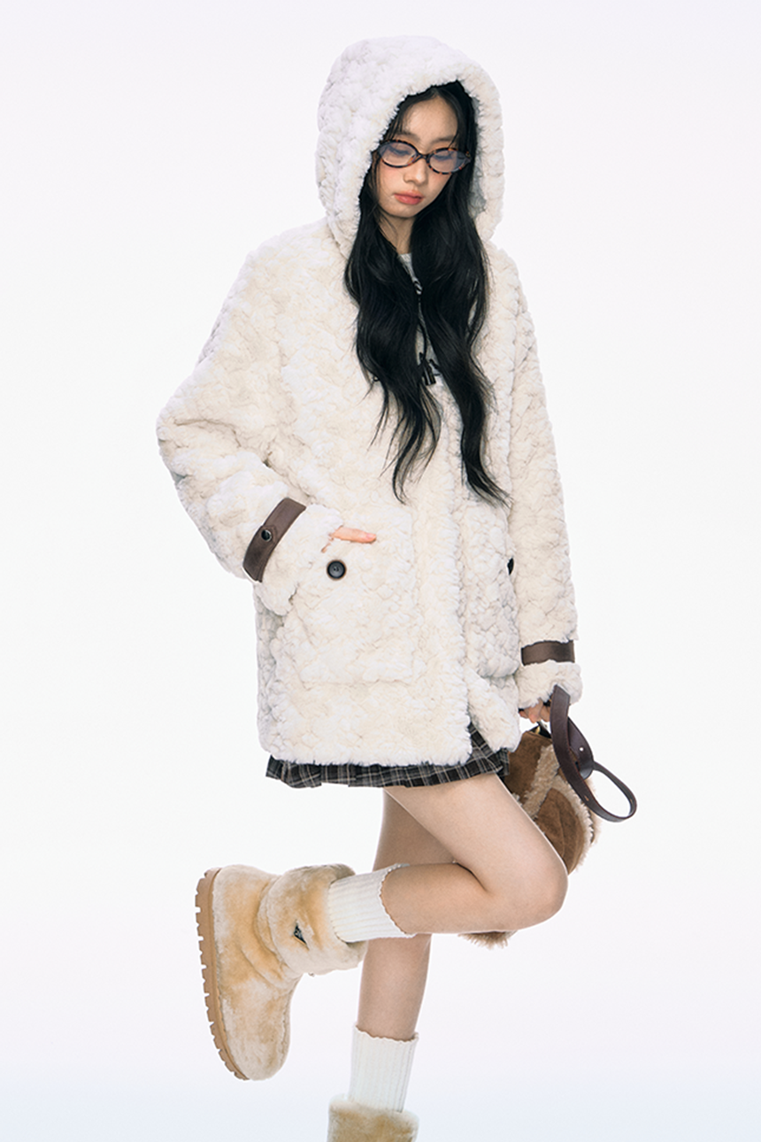 Ribbon Off-white Fur Cotton Coat PUN0039